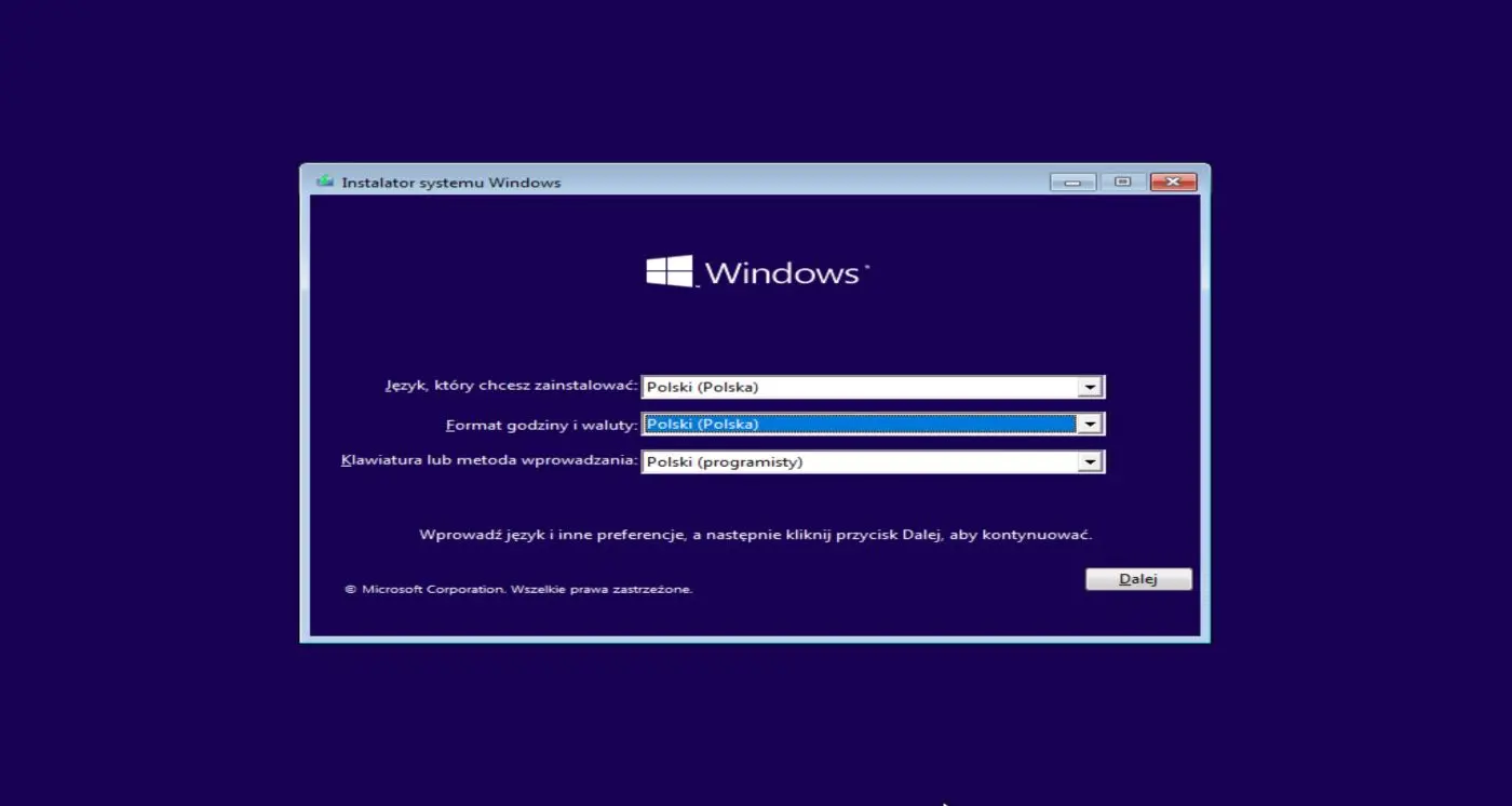 Rozpoczynanie pracy instalatora systemu Windows